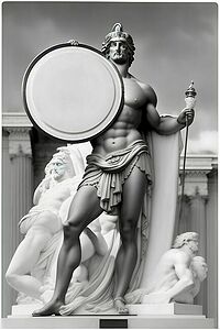 несколько олимпийских богов в тканях стоят вокруг Зевса, возвышающегося на возвышении, и занимают вторичное положение касательно его. Зевс со щитом победителя